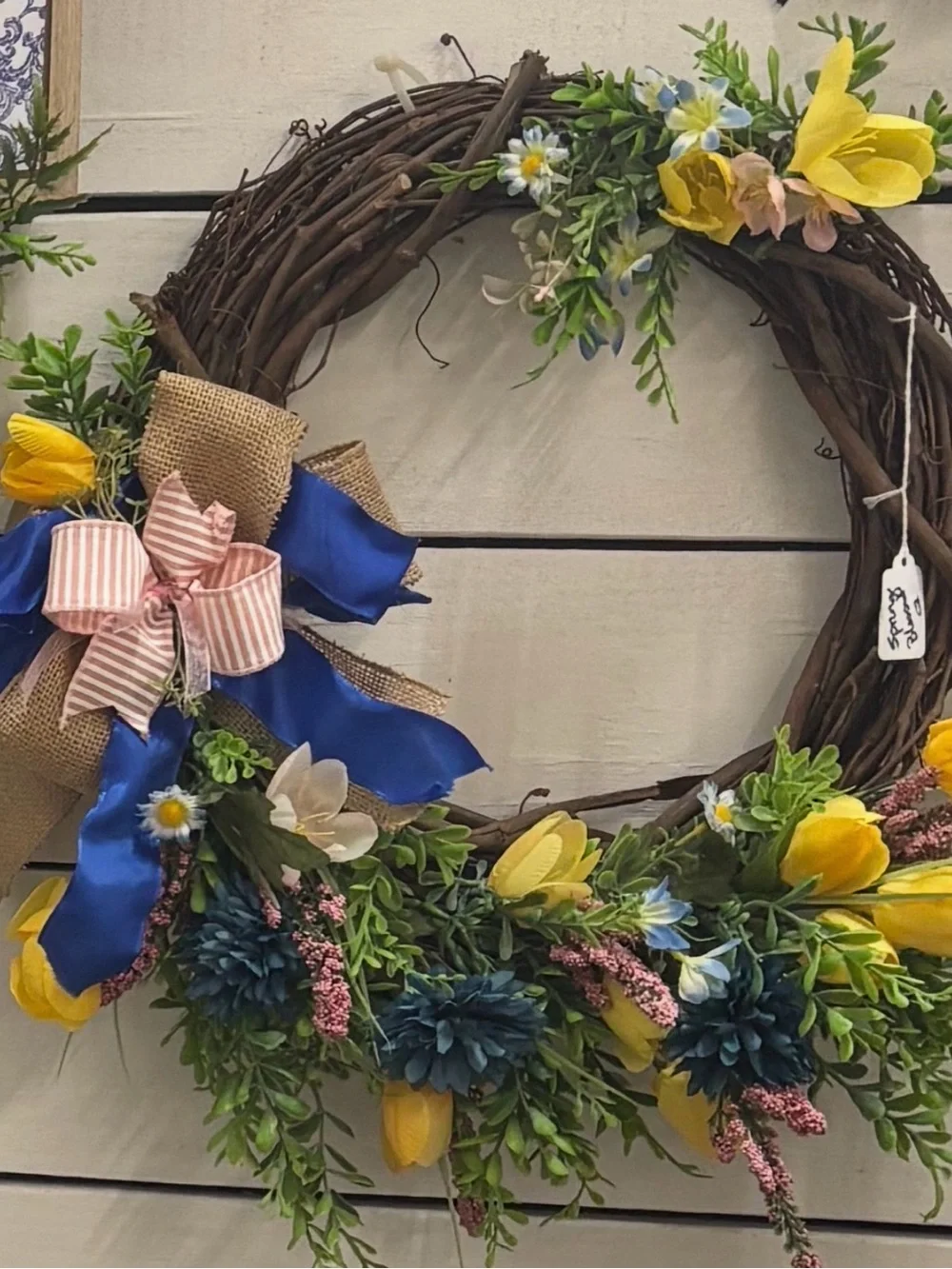 Summer Grapevine Wreath Yellow Accents Pretty In Pink Blue Ribbon Final Sale